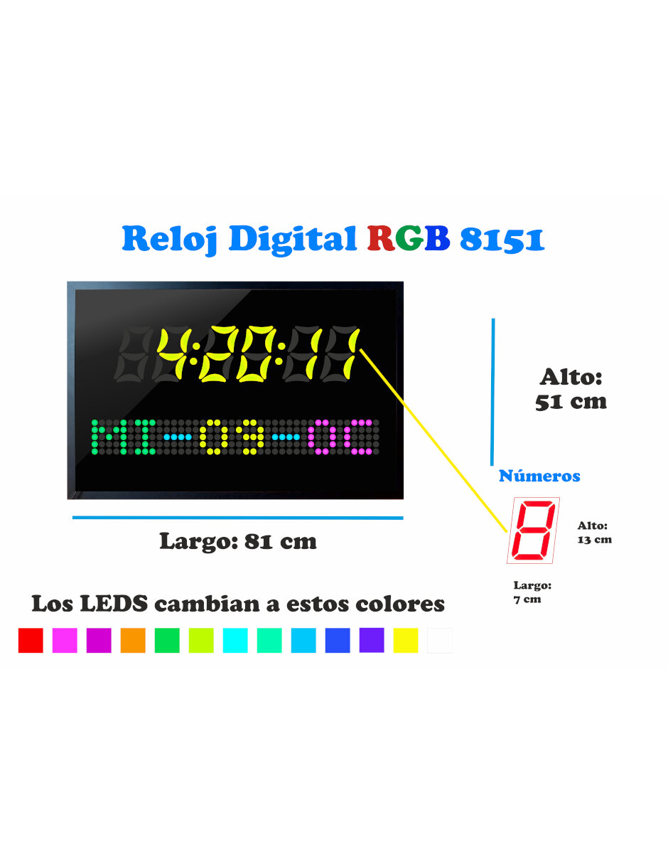 Reloj Digital De Pared RGB Con Control Remoto y Cronometro, Cambia de Color al gusto.
