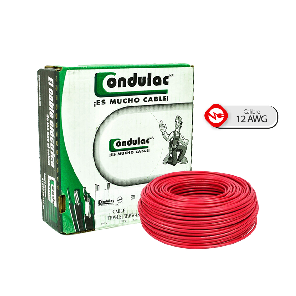 Caja 100 Mts, Cable eléctrico Rojo, Cal 12, 100% CONDULAC