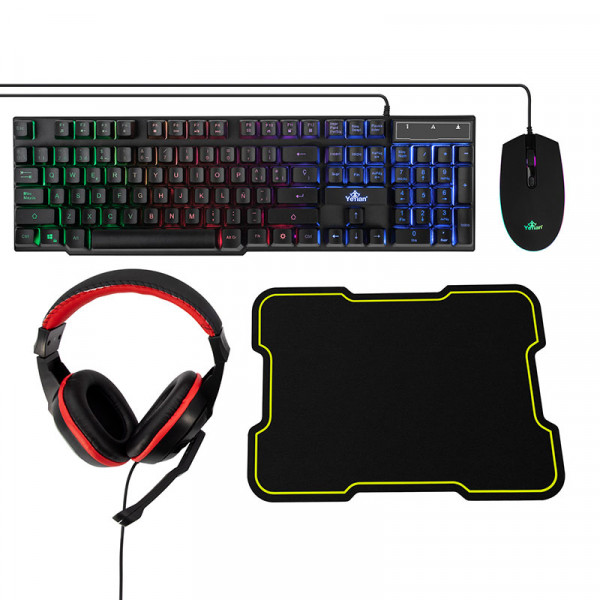 Kit Gamer de Teclado, Mouse, Audífonos y Mousepad HYDRA, Alámbrico, USB, Negro 