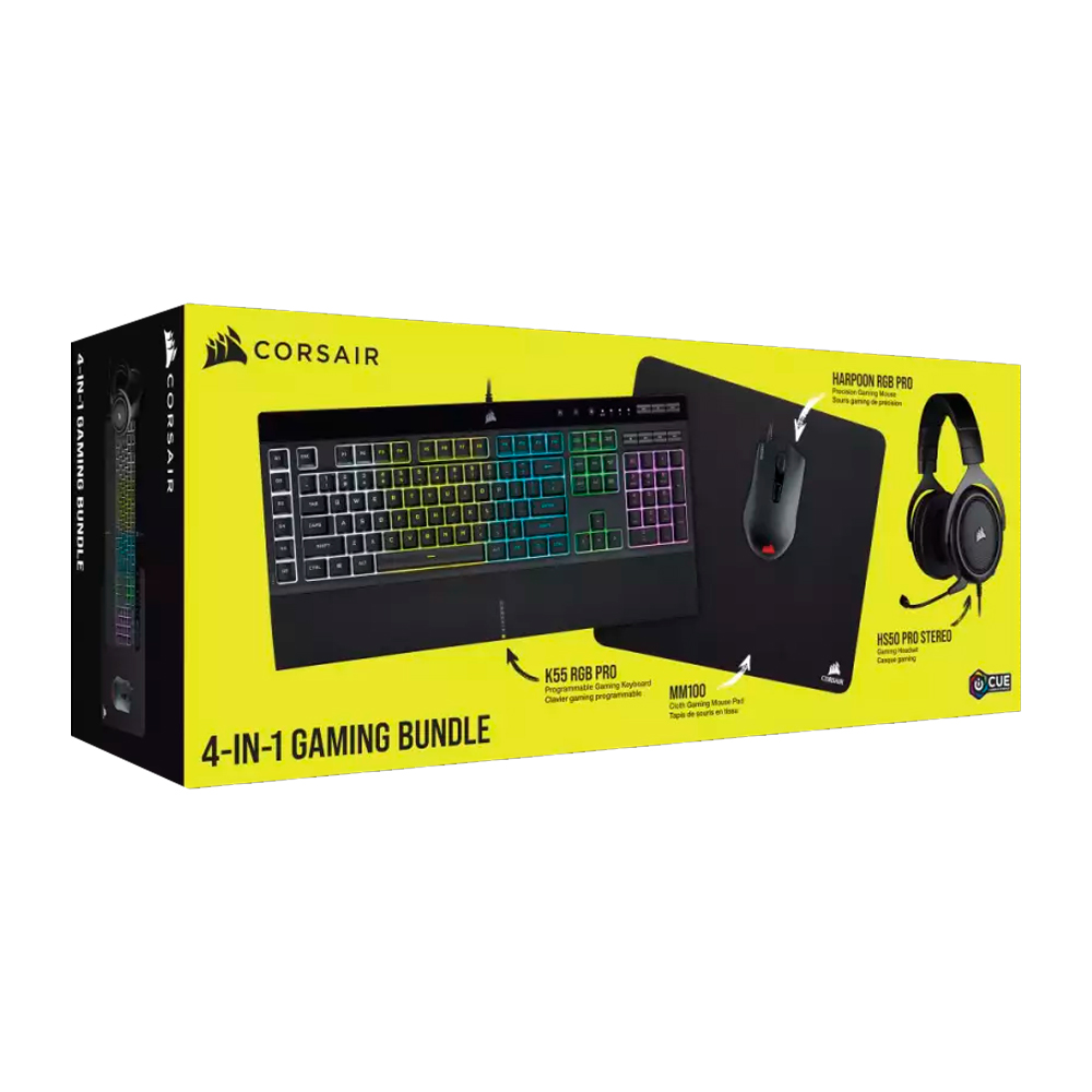 Kit Gamer 4 en 1 Corsair Teclado K55 RGB Pro + Mouse Harpoon RGB Pro + Audífonos HS50 Pro + Mousepad MM100, Alámbrico