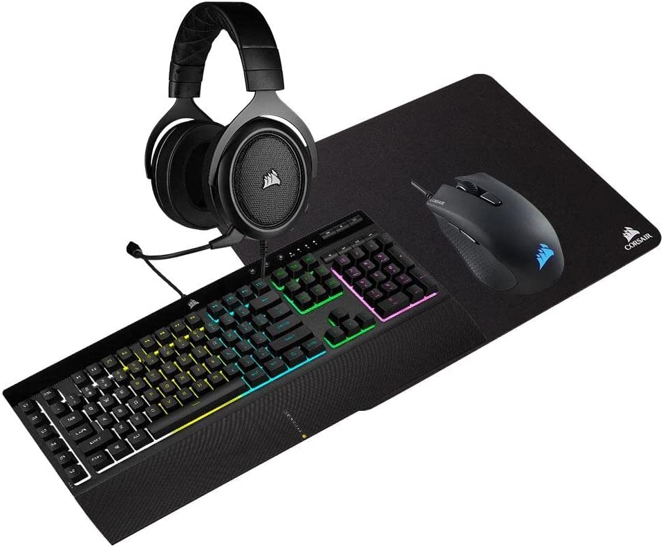 Kit Gamer 4 en 1 Corsair Teclado K55 RGB Pro + Mouse Harpoon RGB Pro + Audífonos HS50 Pro + Mousepad MM100, Alámbrico