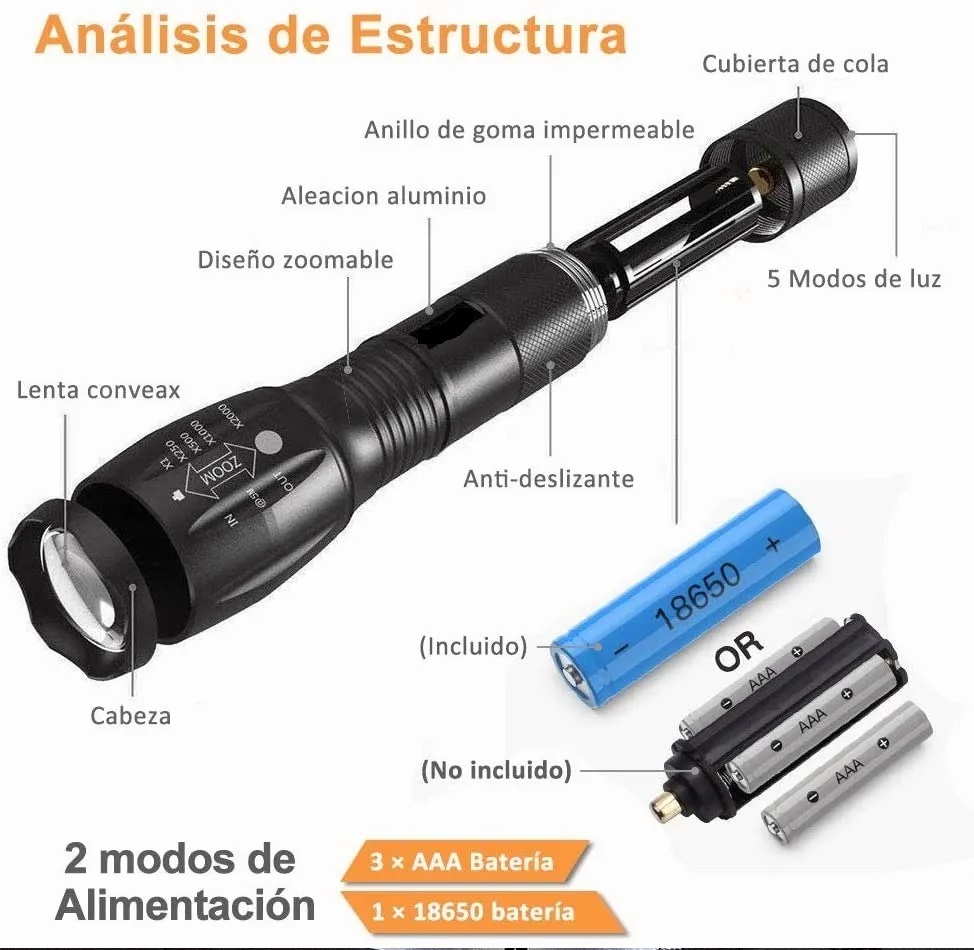 Lampara Táctica 2000 Lumens Cree Led T6 Recargable