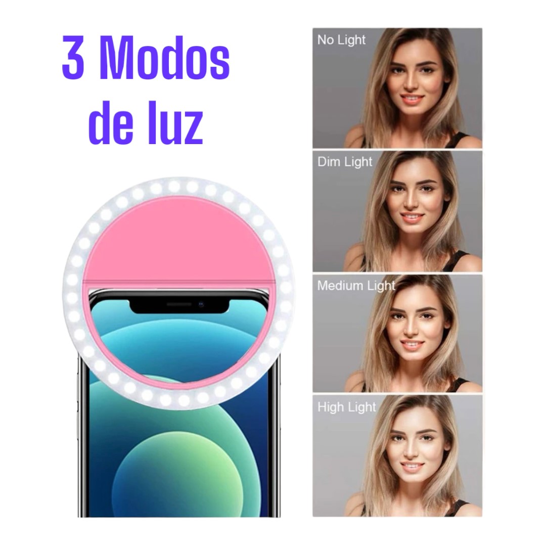 Aro De Luz Portatil Para Celular Selfies Color Rosa 3 Modos