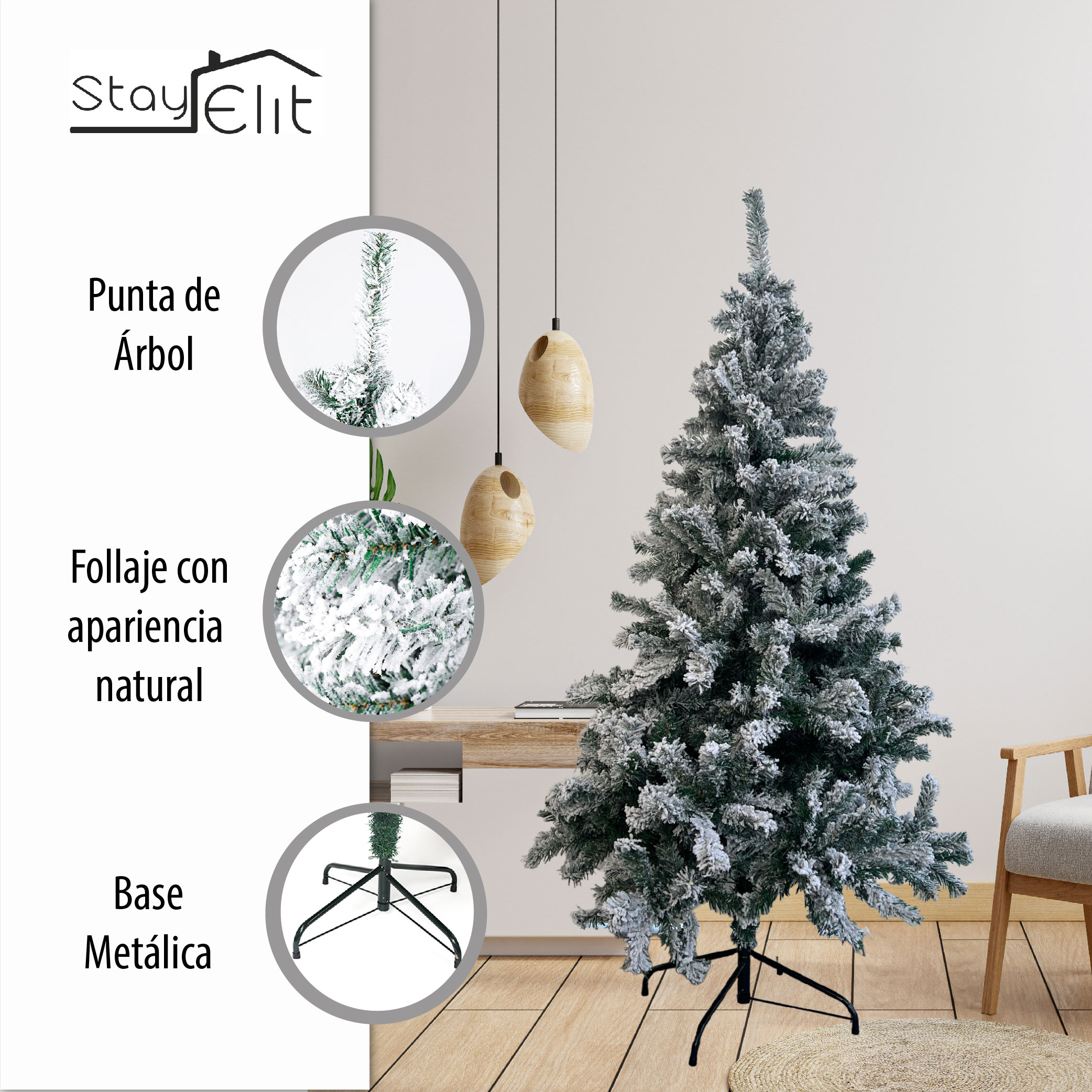 Árbol Pino de Navidad Artificial,Pino Navideño Estilo Nevado, Abeto, Incluye Soporte, 1.90 m Frondoso Excelente calidad