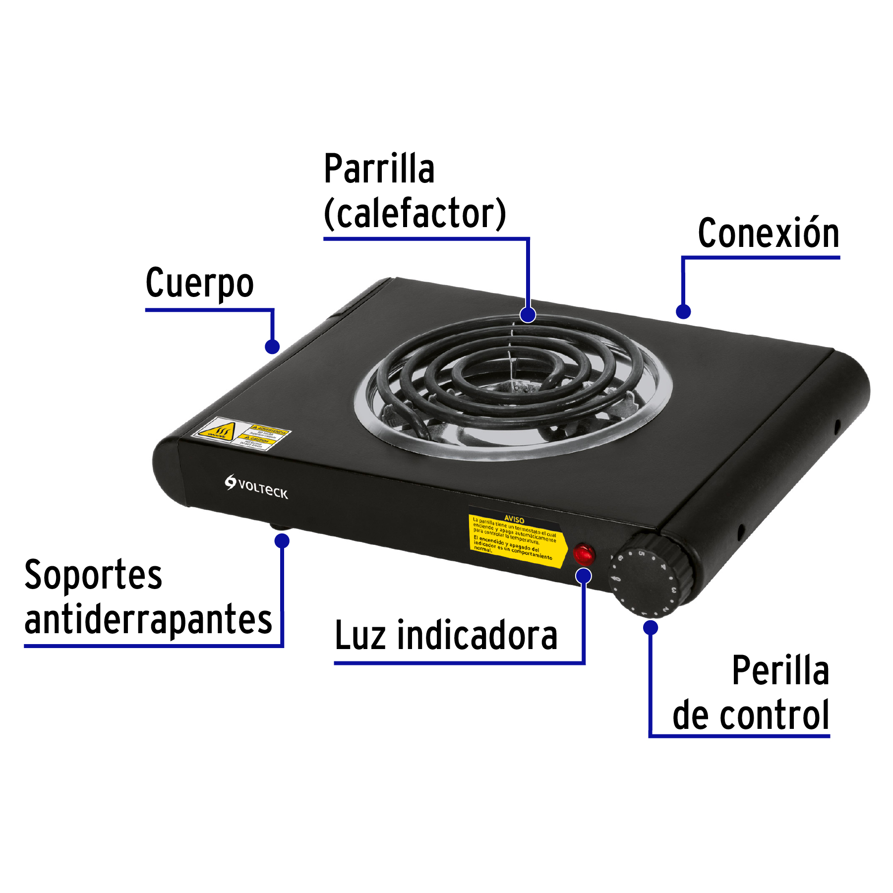 PARRILLA ELÉCTRICA DE RESISTENCIA, NEGRA, VOLTECK, 47556