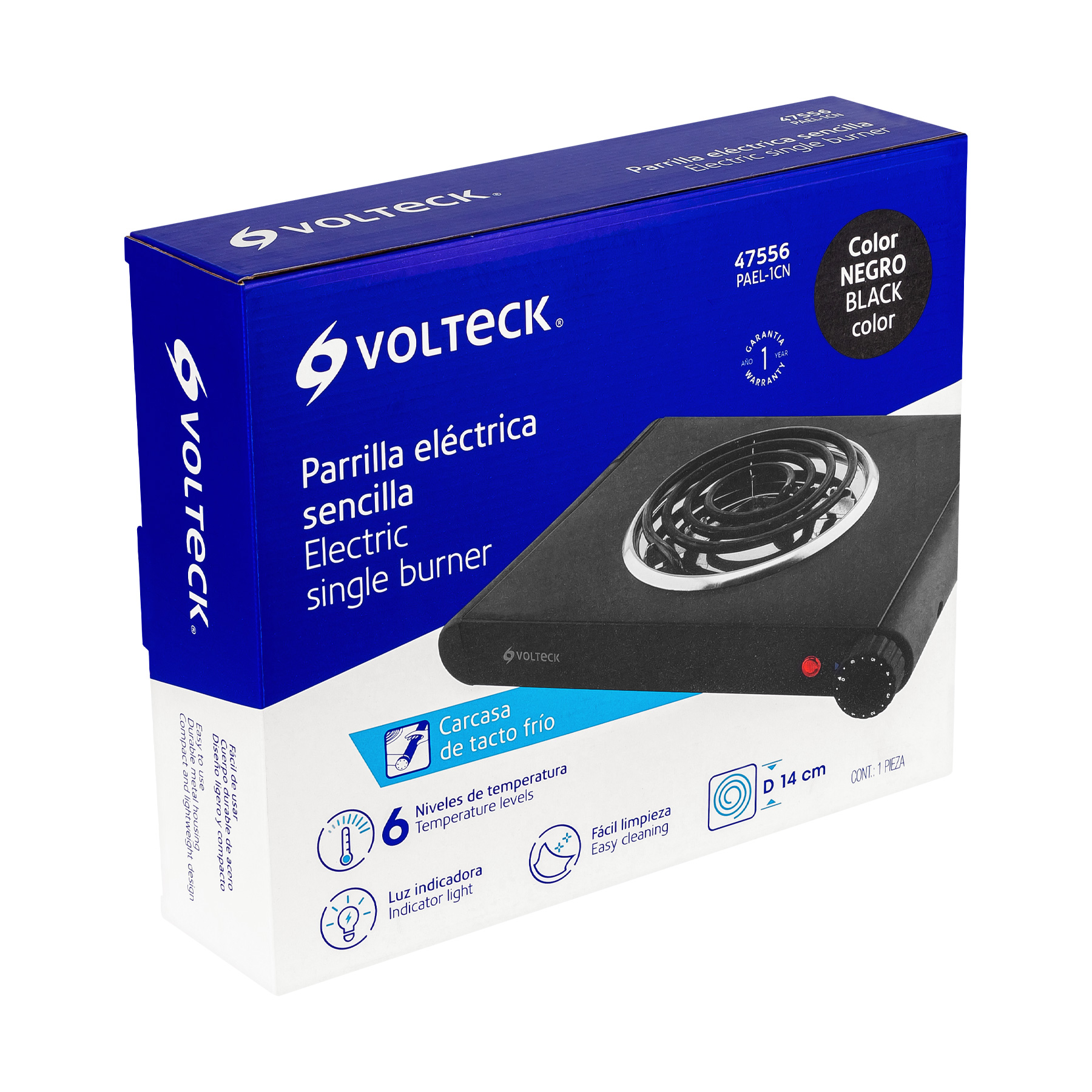 PARRILLA ELÉCTRICA DE RESISTENCIA, NEGRA, VOLTECK, 47556