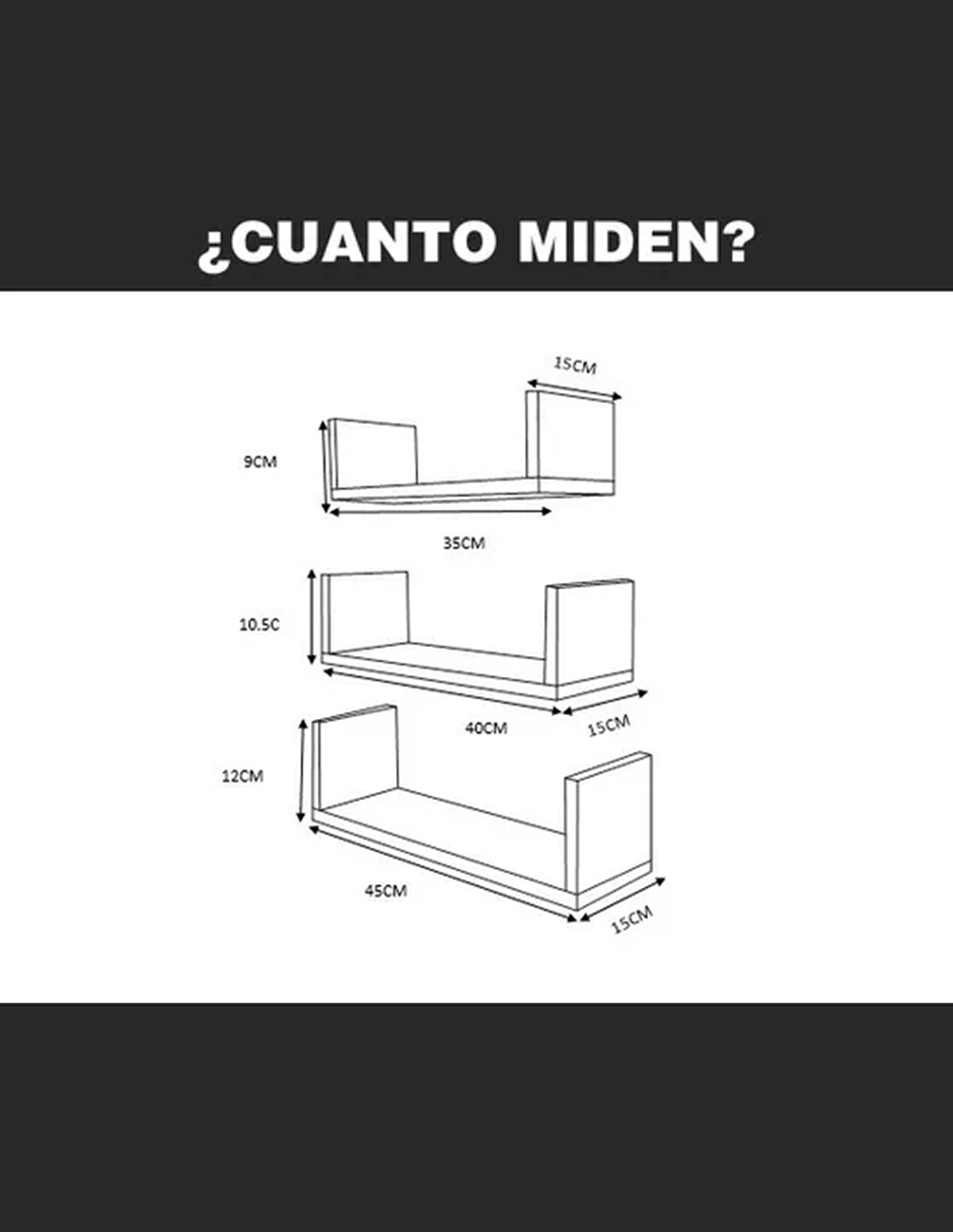 Set de 3 Repisas Flotantes estilo U 30 x 15 cm Lombardia