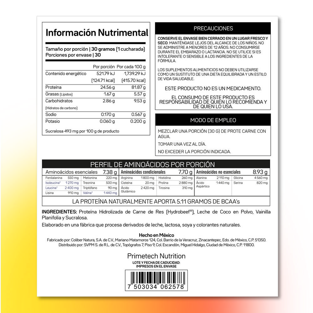 Proteína PROTE CARNE hidrolizada de Res con 30 g de proteína de res por toma, bolsa de 900 g, sabor vainilla