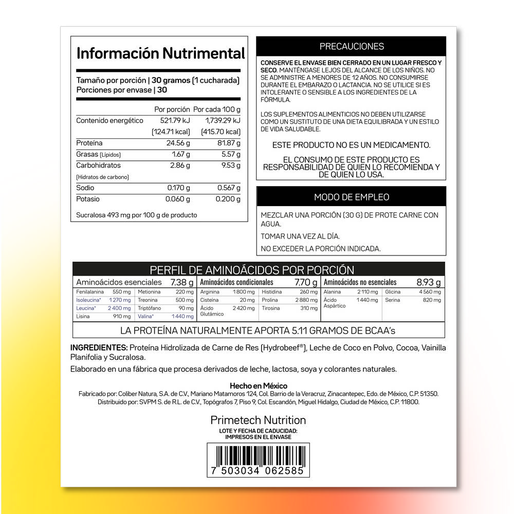 Proteína PROTE CARNE hidrolizada de Res con 24.56 g de proteína de res por toma, bolsa de 900 g, sabor chocolate