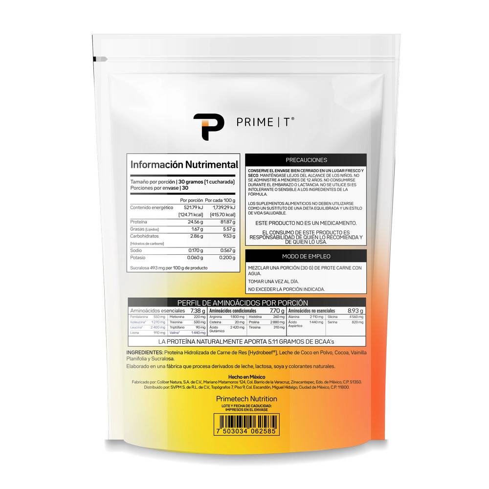 Proteína PROTE CARNE hidrolizada de Res con 24.56 g de proteína de res por toma, bolsa de 900 g, sabor chocolate