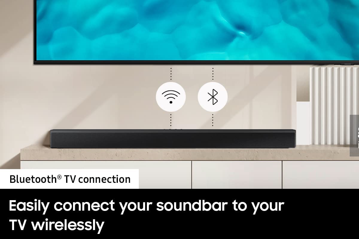 SAMSUNG HW-B450 Barra de sonido de 2.1 canales con audio Dolby Audio, subwoofer incluido, graves mejorados, conexión inalámbrica Bluetooth TV, sonido adaptativo, modo de juego