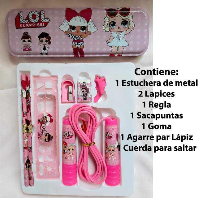 Set Estuchera Sacapuntas Goma Regla Cuerda para Saltar