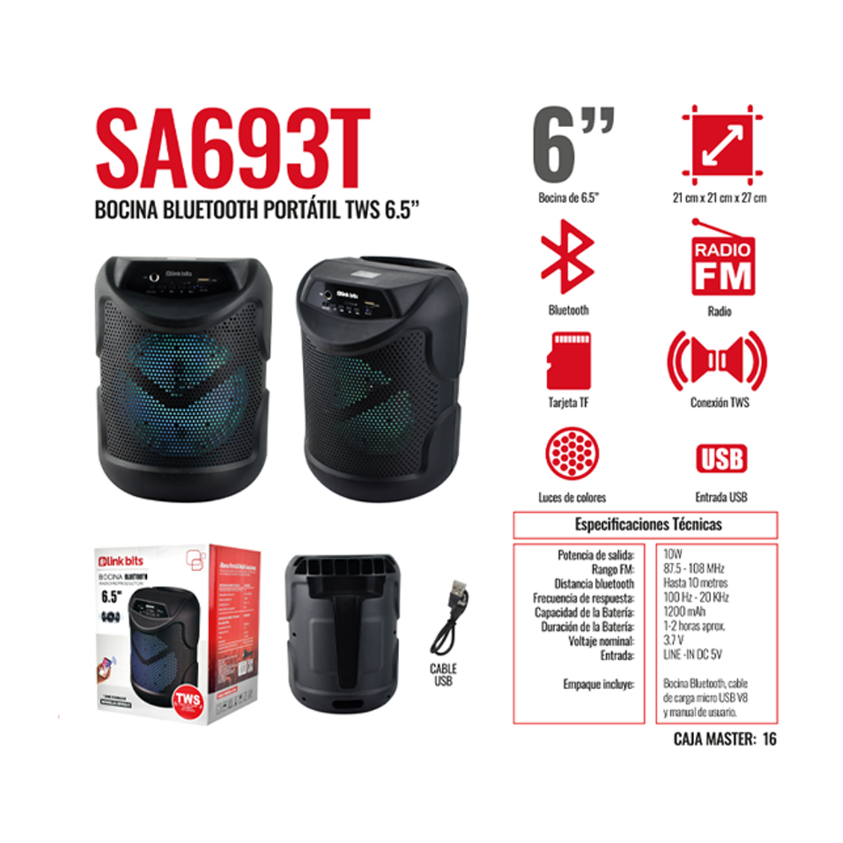 Bocina Bluetooth Portatil TWS 6.5" LinkBits SA693T