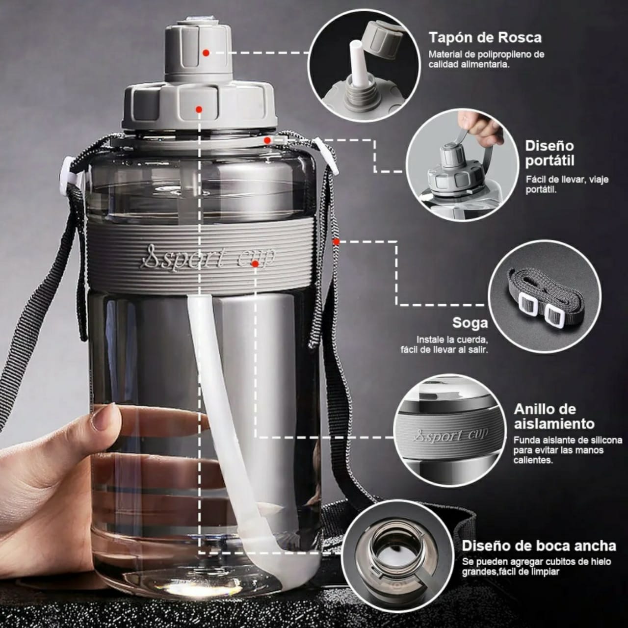 Bote De Agua 2 Litros Botella Para Agua Deportiva Portátil