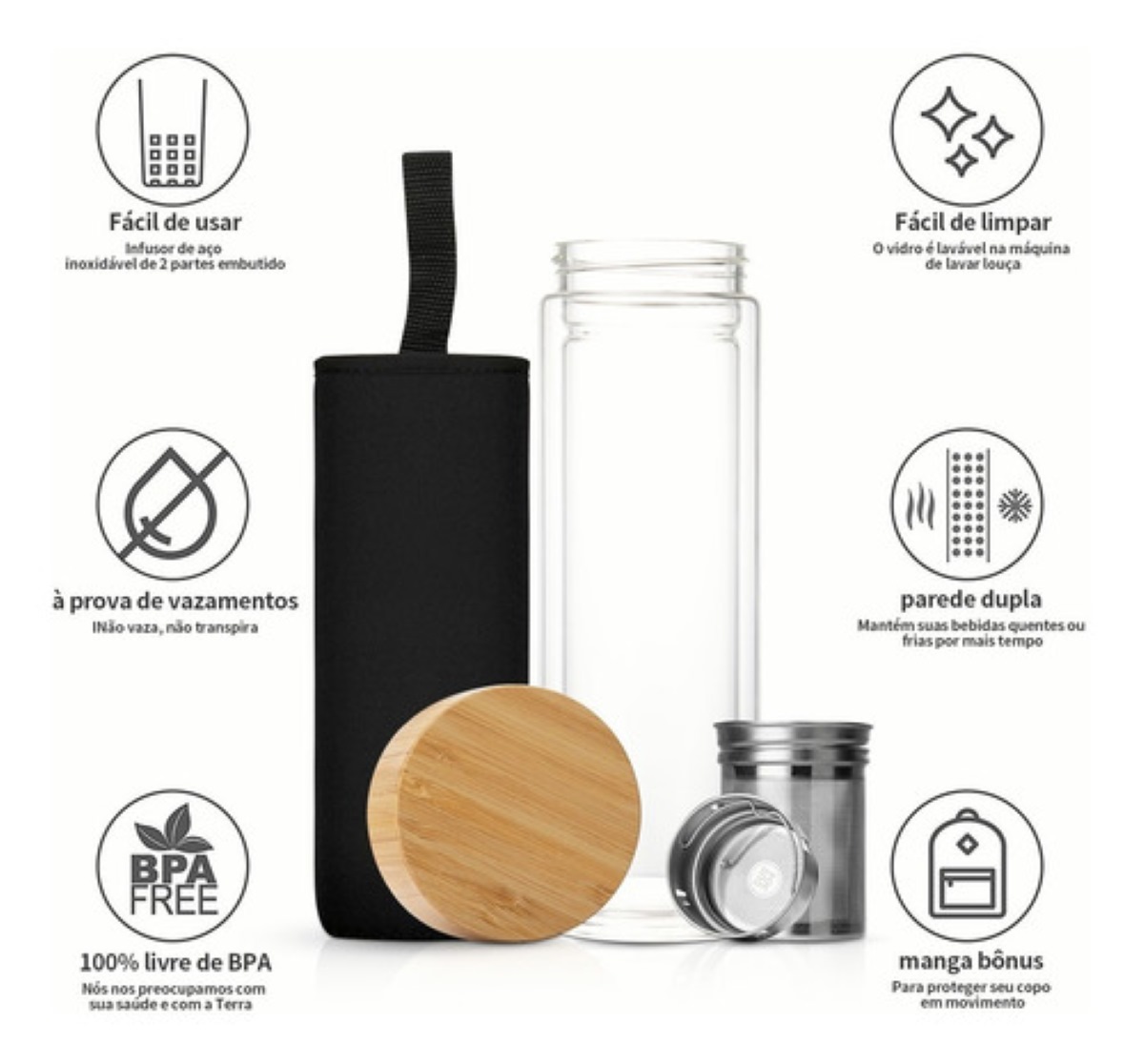 Termo Infusor Te De Vidrio Con Tapa Bambú 