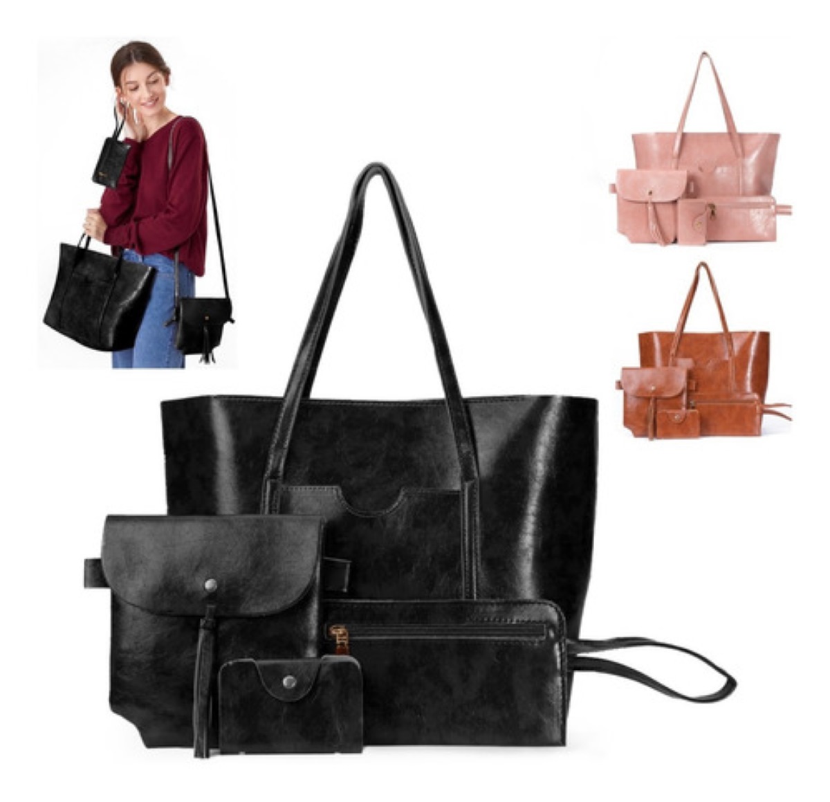 Set 4 Bolsas Bandolera Para Mujer Crossbody Negras