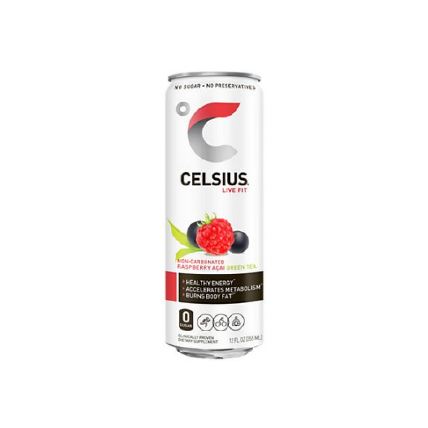 Bebida energética no carbonatada Celsius - Sin azúcar ni conservantes - Raspberry Acai & Green Tea (4 bebidas, 12 fl oz. Cada uno)