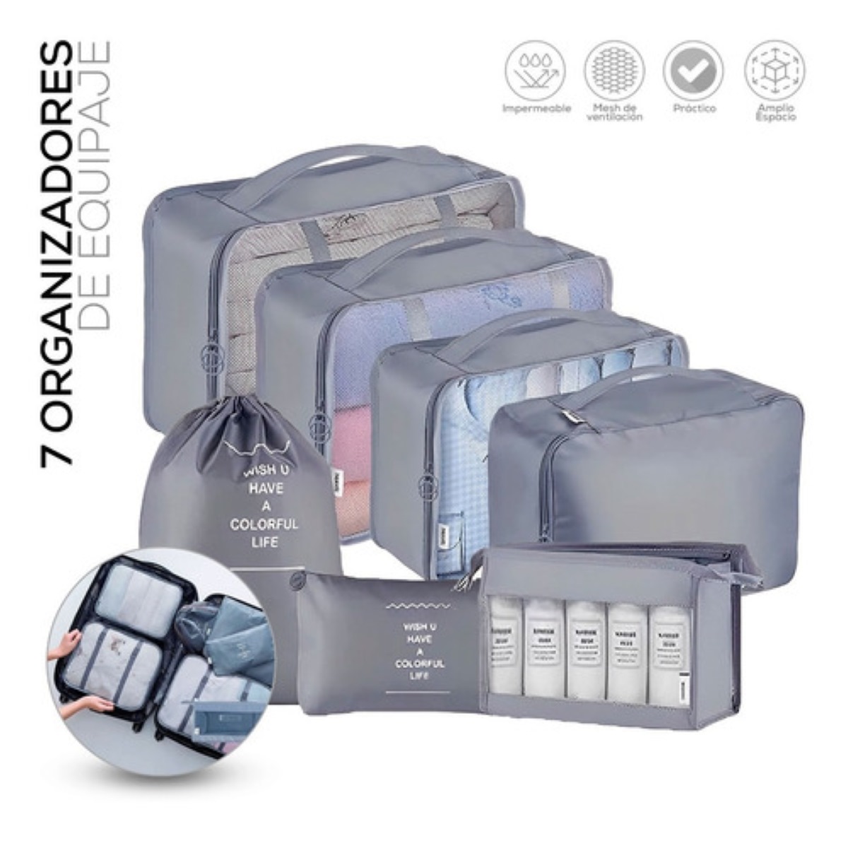 Set De Organizadores Para Viaje Gris 7 Pz