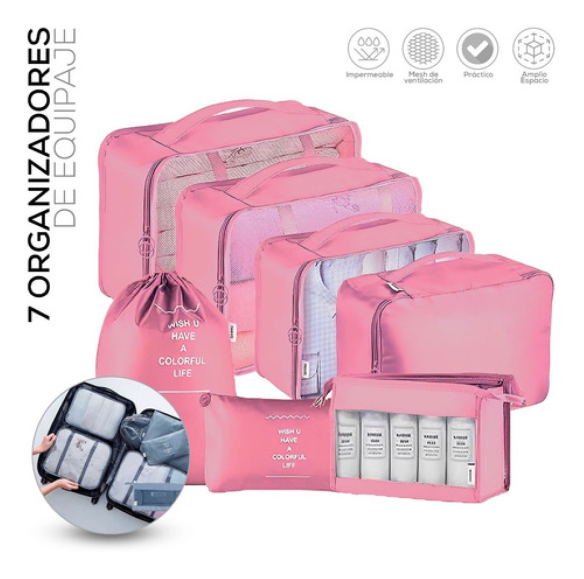 Set De Organizadores Para Viaje Rosa 7 Pz