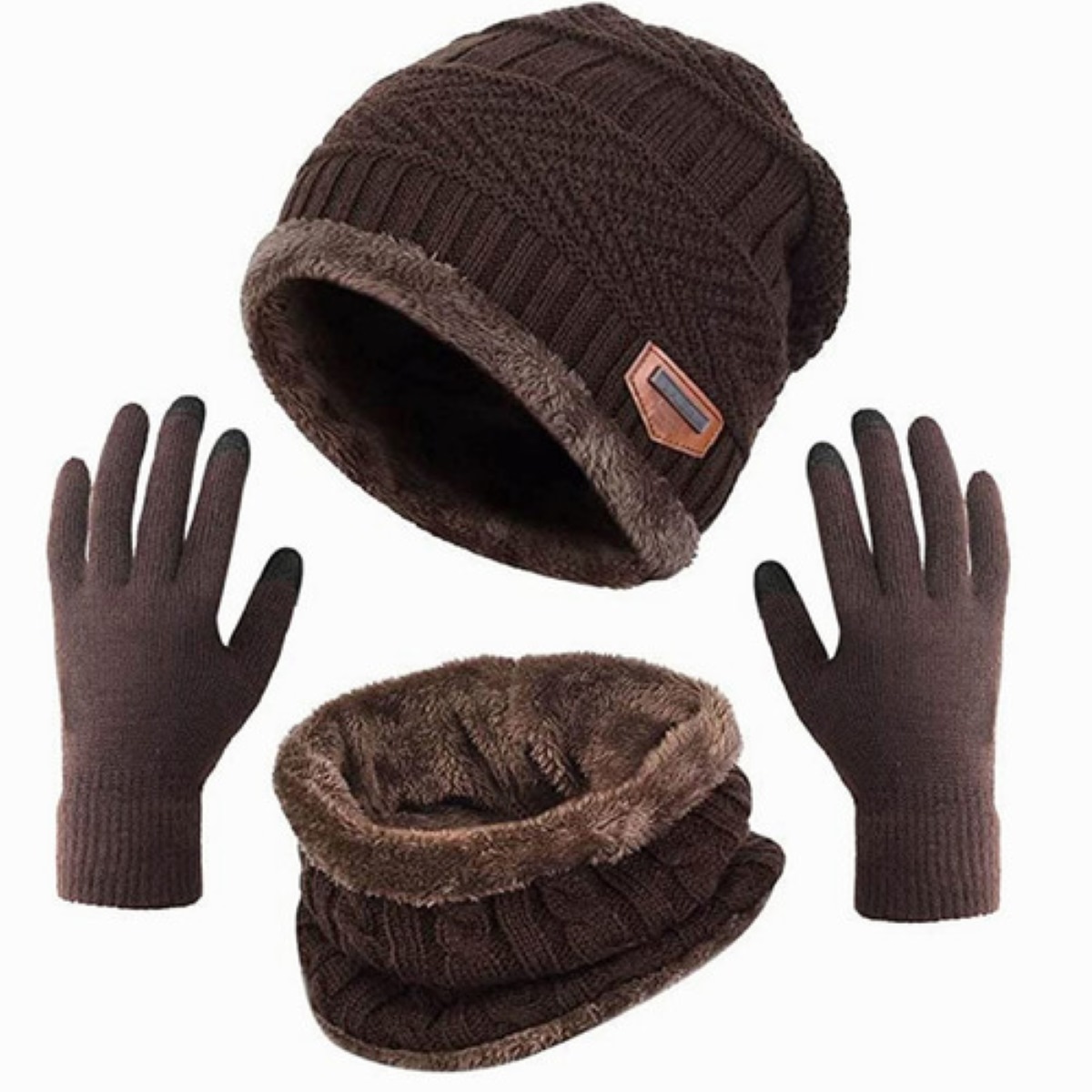 Conjunto Gorro Bufanda y Guantes De Lana Unisex Marron