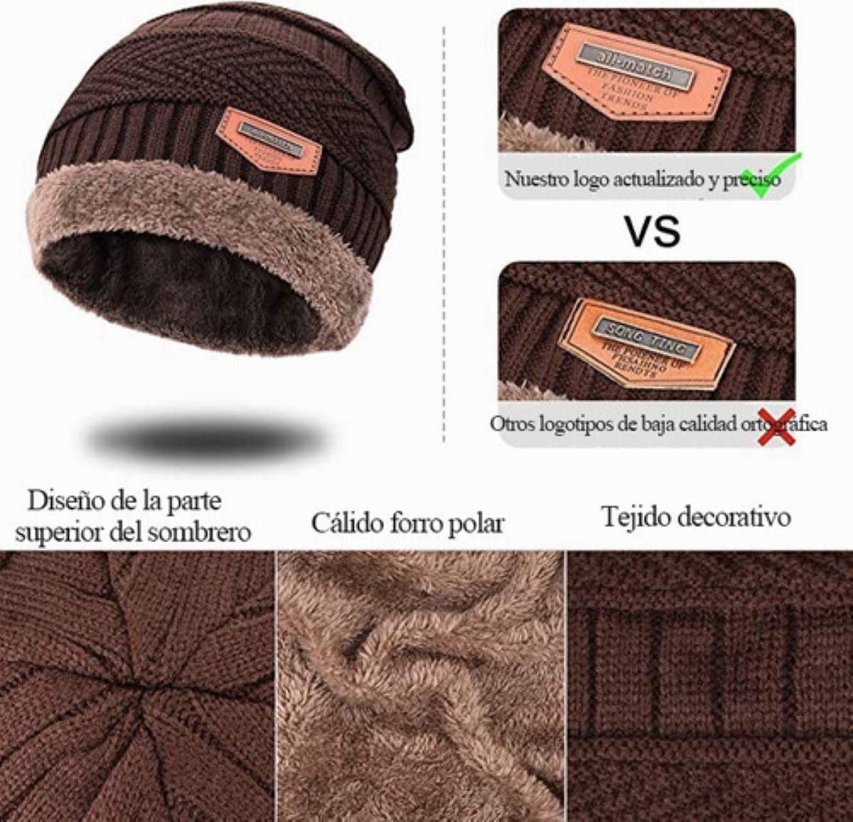 Conjunto Gorro Bufanda y Guantes De Lana Unisex Marron