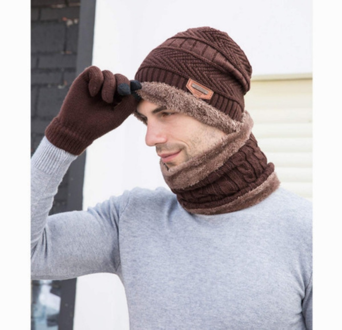 Conjunto Gorro Bufanda y Guantes De Lana Unisex Marron