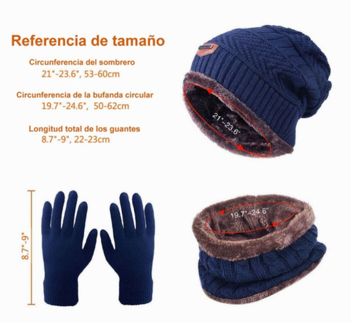 Conjunto Gorro Bufanda y Guantes De Lana Unisex Azul Marino