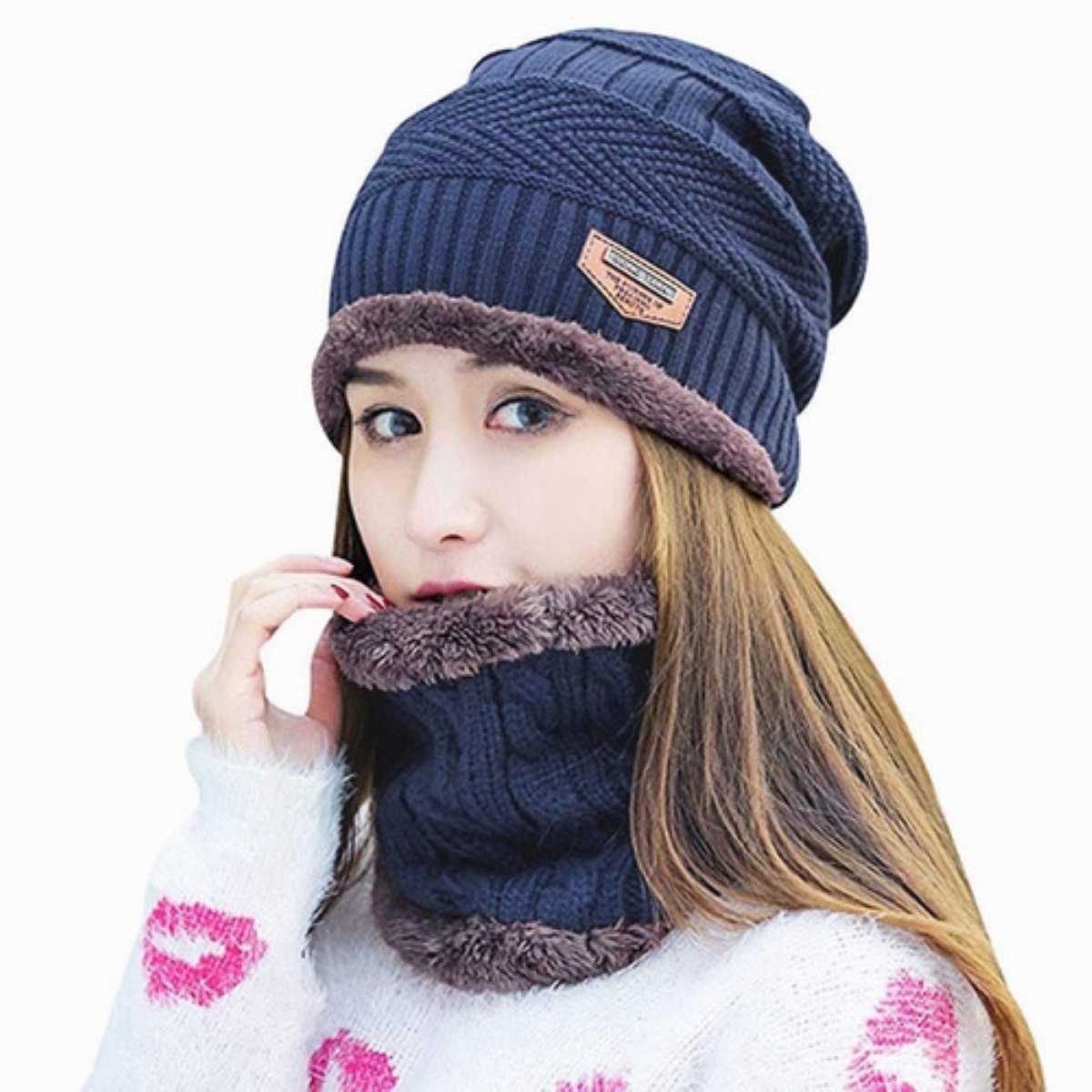 Conjunto Gorro Bufanda y Guantes De Lana Unisex Azul Marino