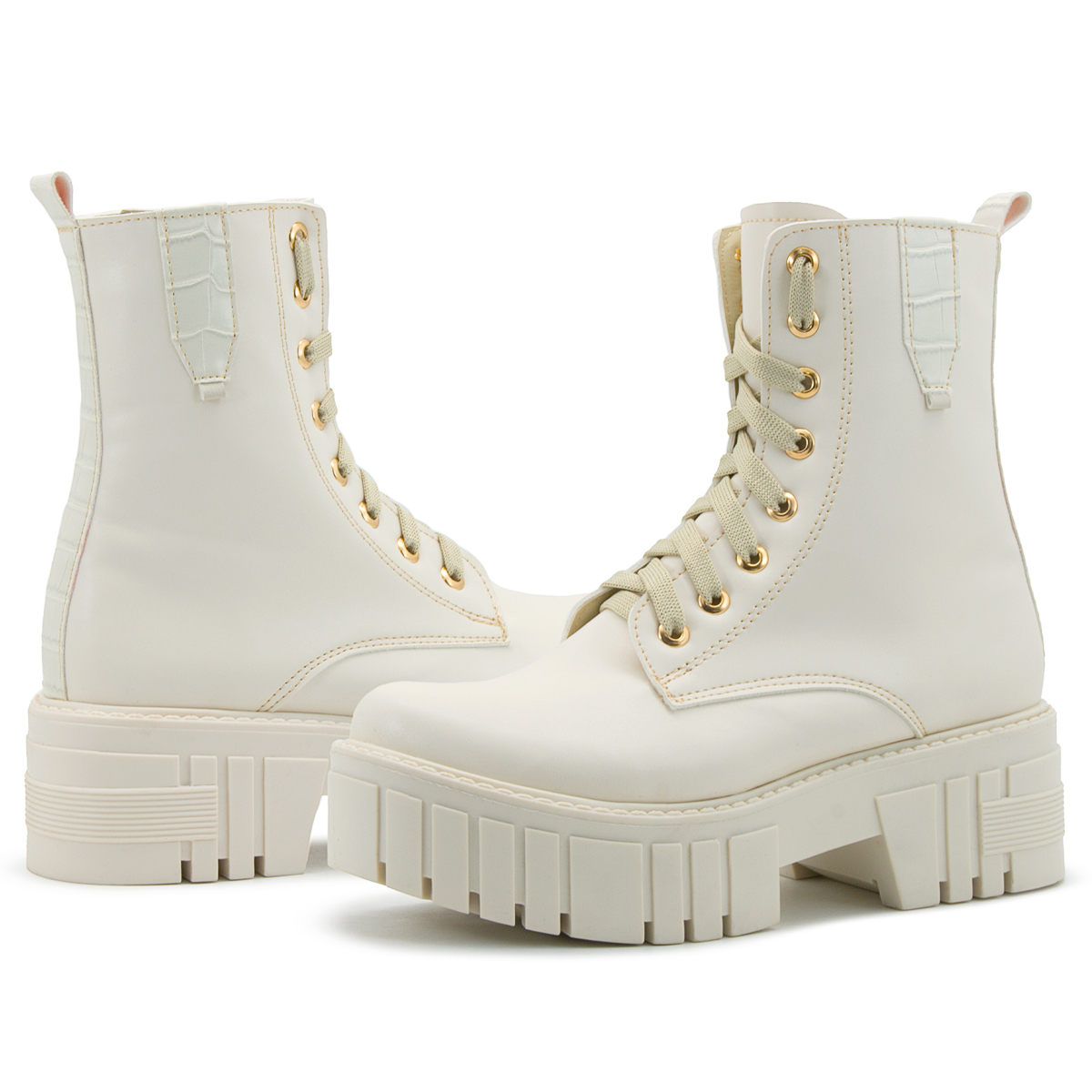 Bota Moda Urbana Dama Plataforma Suela Chunky Beige Agujeta