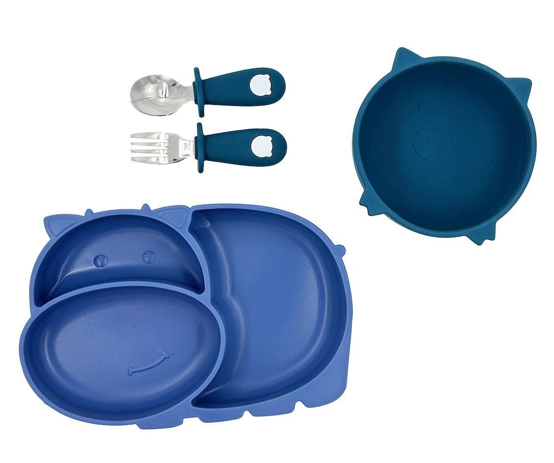 Vajilla para bebé 3 Piezas, Plato Adherente con Divisiones, Plato Hondo y Cubiertos