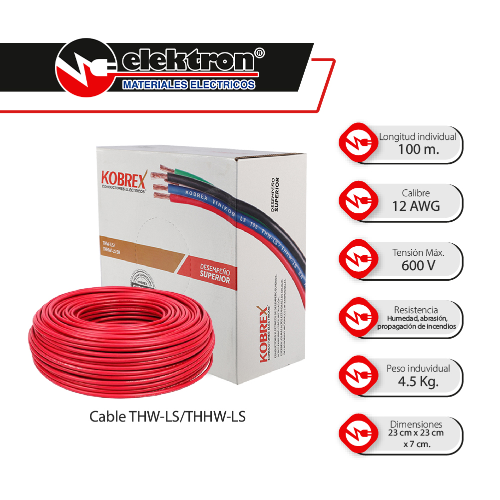 Caja 100 Mts, Cable rojo, THW, Cal 12, AWG, 100% COBRE KOBREX