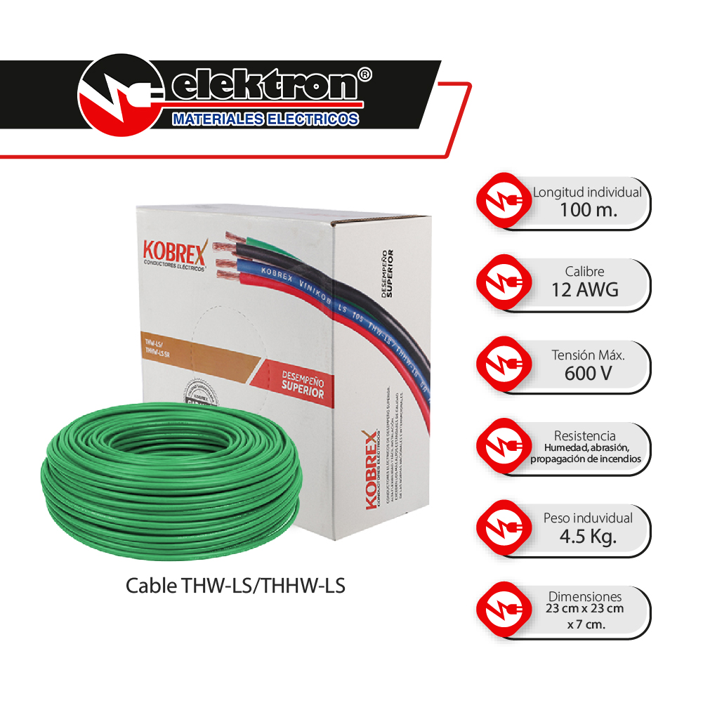 Caja 100 Mts, Cable verde, THW, Cal 12, AWG, 100% COBRE KOBREX