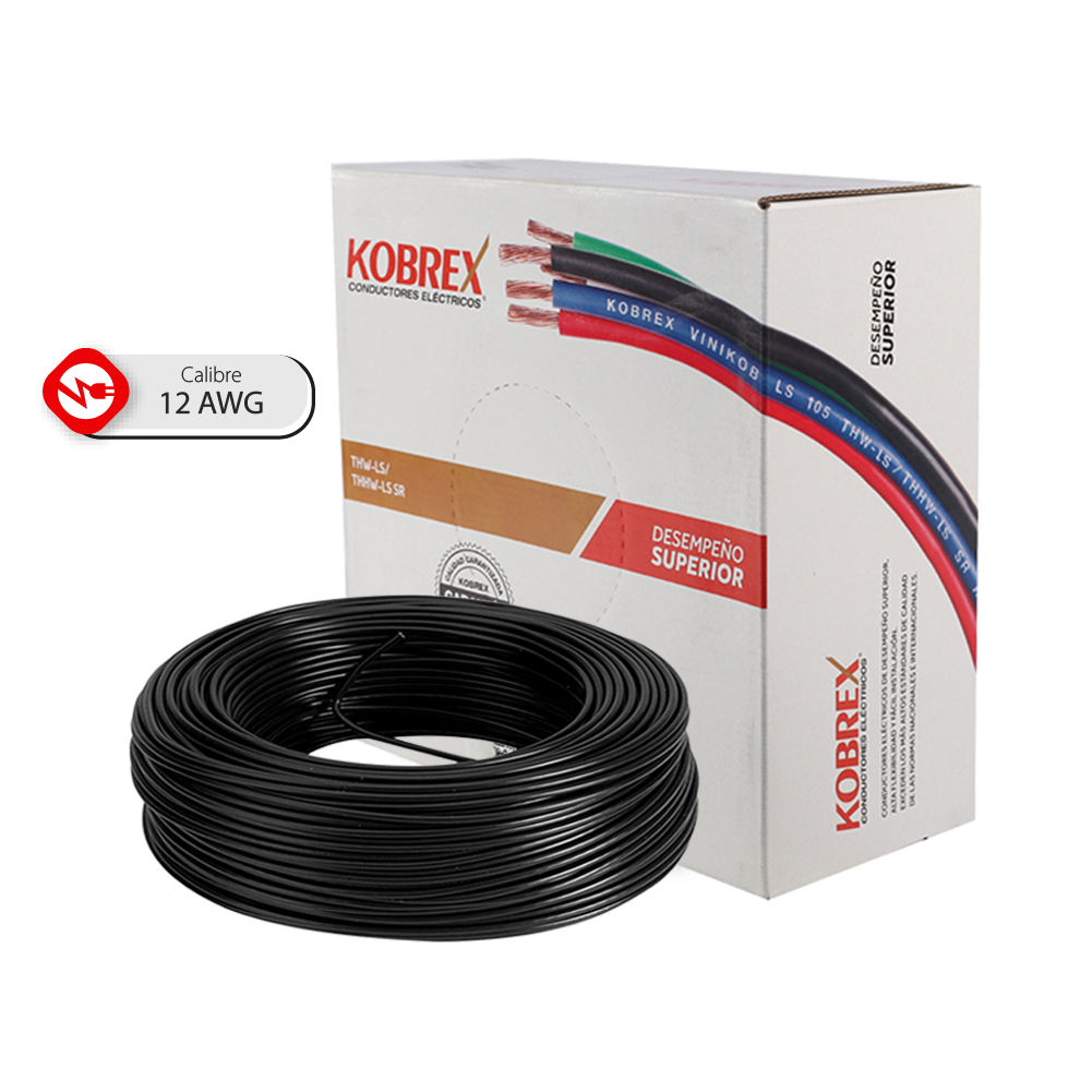 Caja 100 Mts, Cable negro, THW, Cal 12, AWG, 100% COBRE KOBREX
