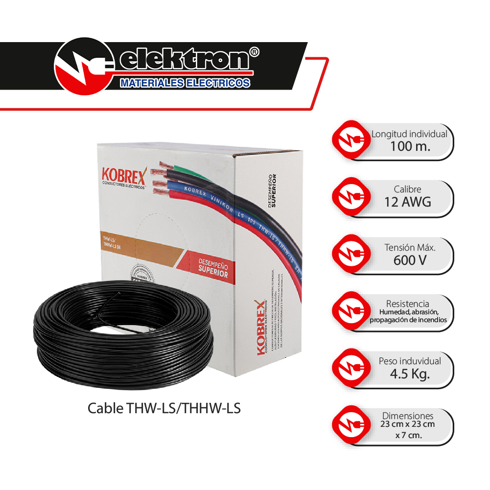 Caja 100 Mts, Cable negro, THW, Cal 12, AWG, 100% COBRE KOBREX