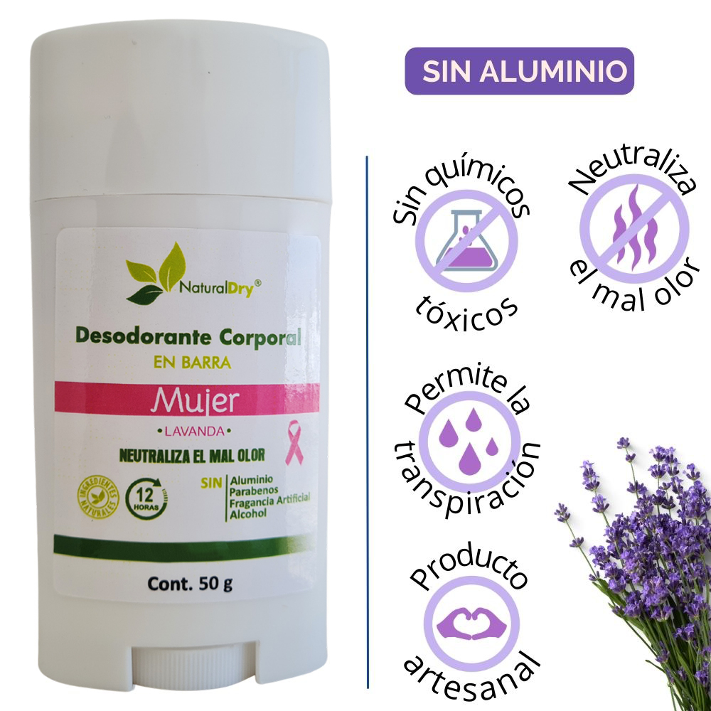 NaturalDry - 1 Desodorante corporal en barra para mujer - Sin aluminio - Neutraliza el mal olor