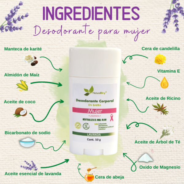 NaturalDry - 1 Desodorante corporal en barra para mujer - Sin aluminio - Neutraliza el mal olor