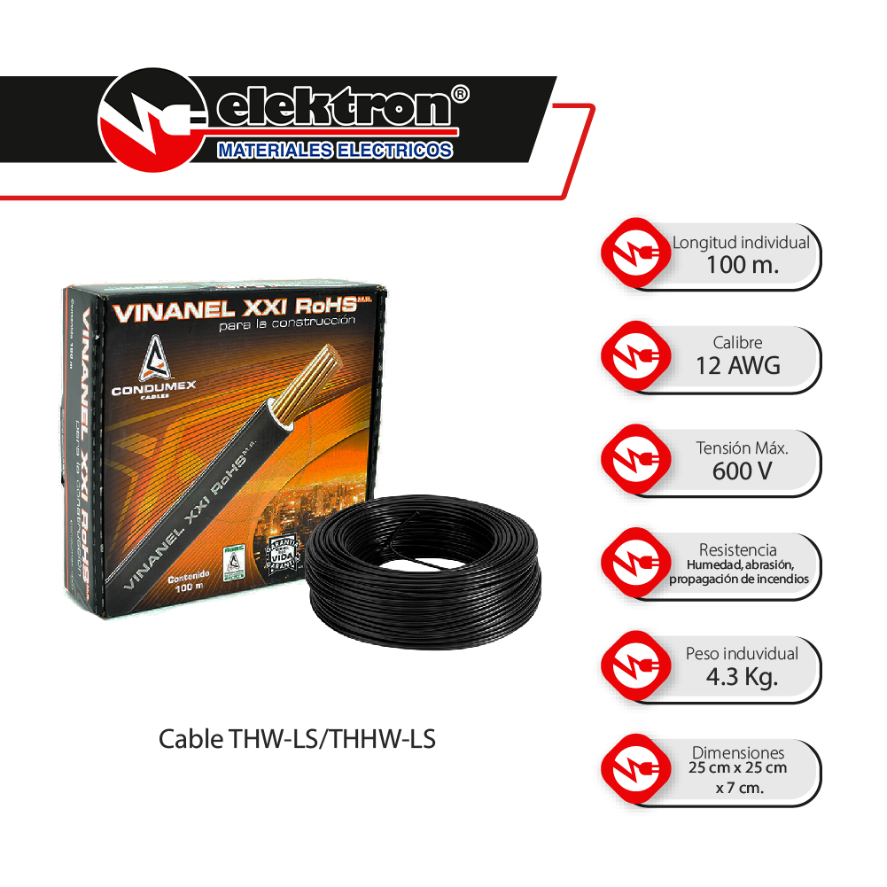 Caja 100 Mts, Cable negro, THW, Cal 12, AWG, CONDUMEX VINANEL XXI