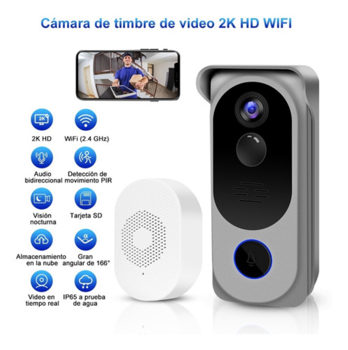 Cámara De Timbre 2k Hd Video Timbre Inalámbrico Inteligente Gris