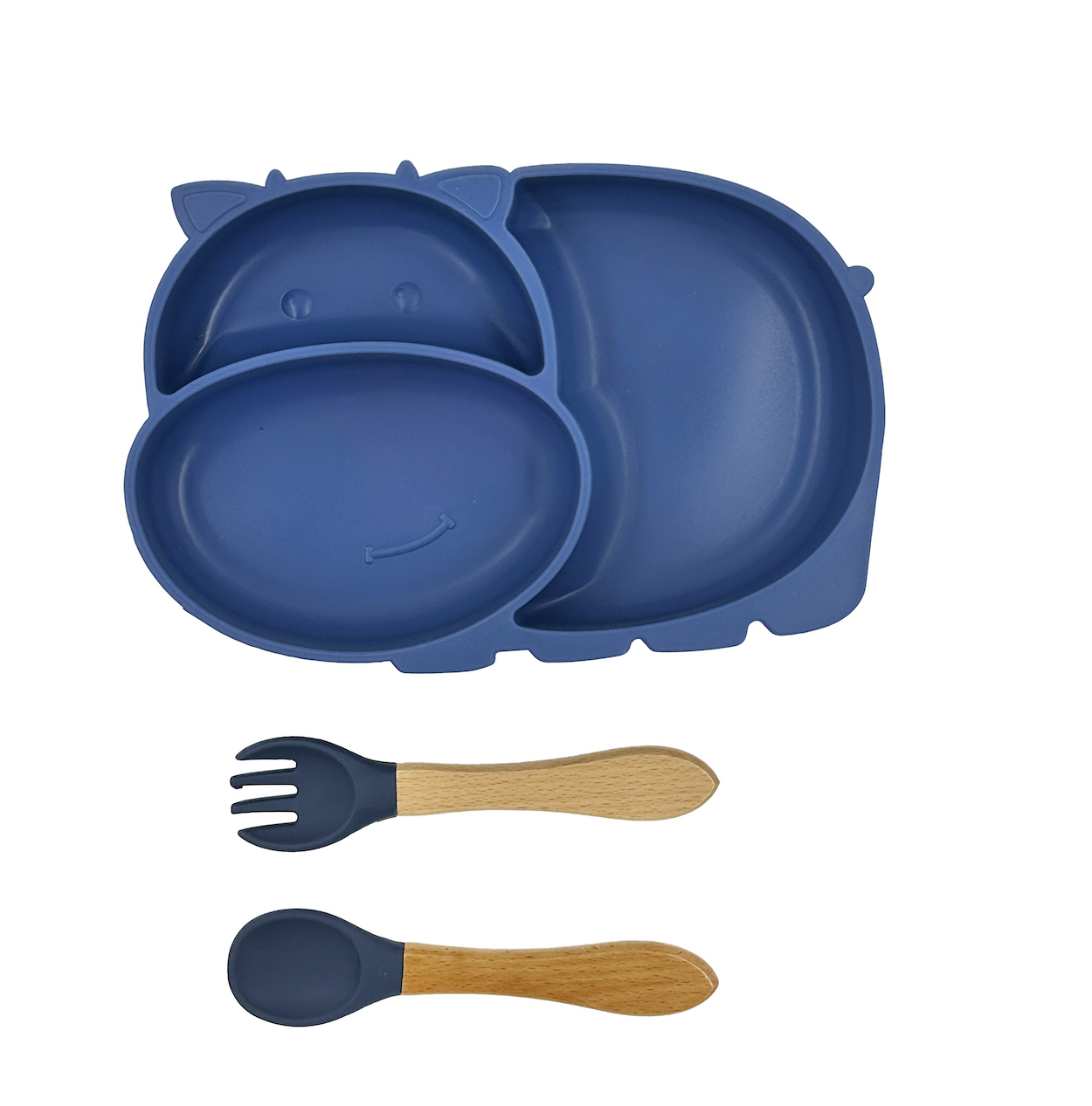 Vajilla para Bebé, Plato con Divisiones Adherente y Cubiertos en Silicon y Madera