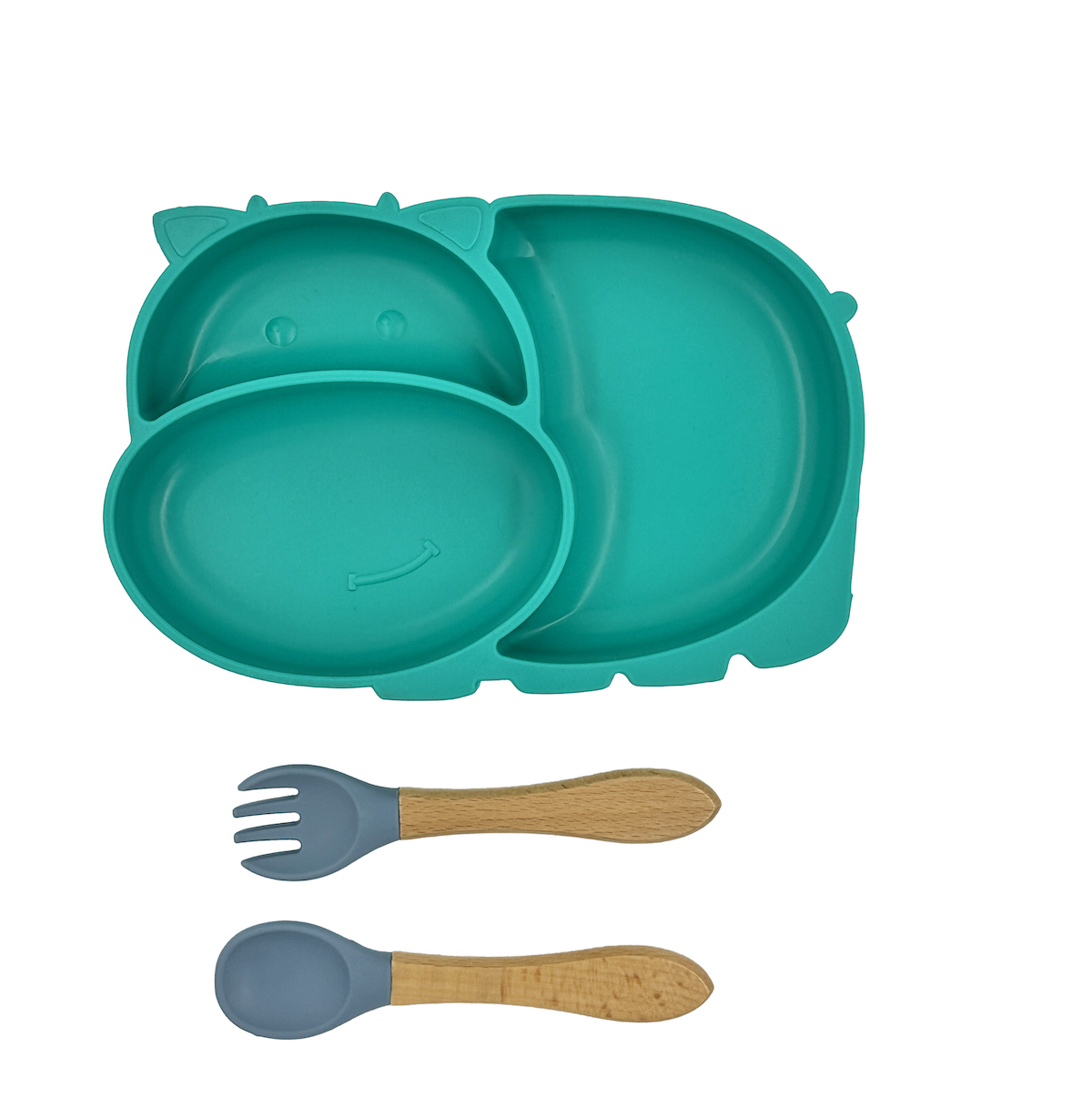 Vajilla para Bebé, Plato con Divisiones Adherente y Cubiertos en Silicon y Madera