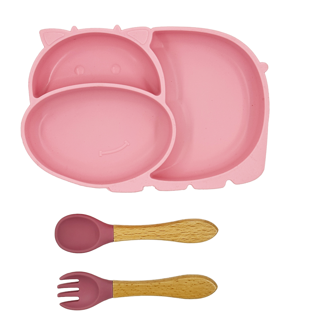 Vajilla para Bebé, Plato con Divisiones Adherente y Cubiertos en Silicon y Madera