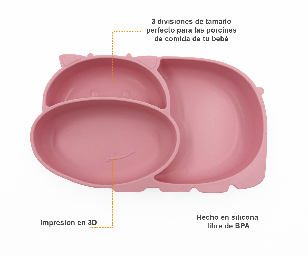 Vajilla para Bebé, Plato con Divisiones Adherente y Cubiertos en Silicon y Madera