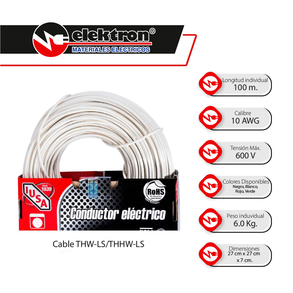 Caja 100 Mts Cable Iusa Blanco Thw Cal 10 Awg 100 cobre Color Blanco