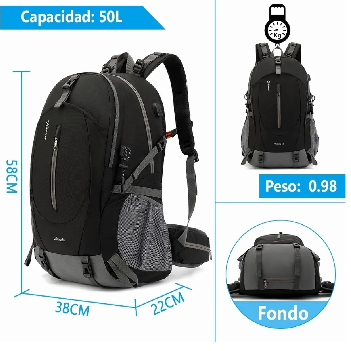 Morral de senderismo. Morral ligero para acampar, con impermeabilidad 50L  para uso al aire libre.