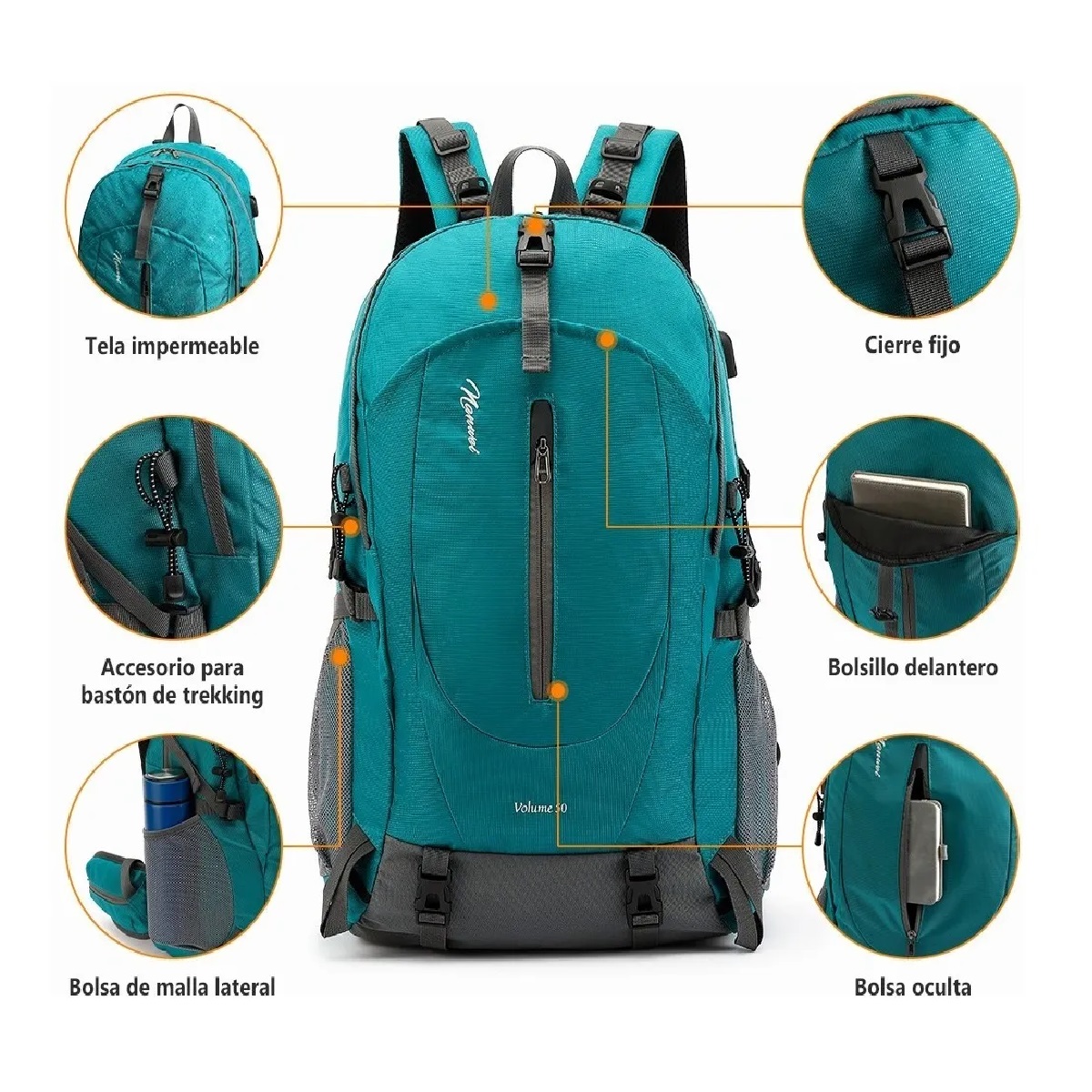 Mochila Impermeable 50l Para Senderismo Montañismo Turquesa
