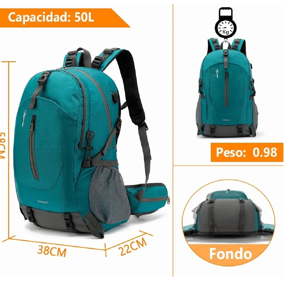 Mochila Impermeable 50l Para Senderismo Montañismo Turquesa
