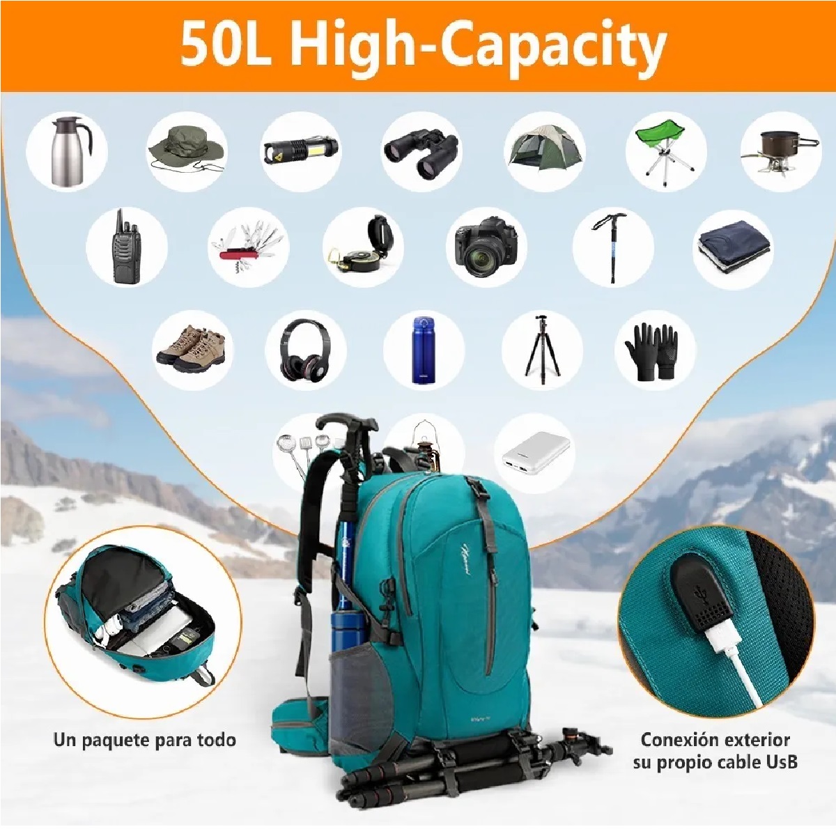 Mochila Impermeable 50l Para Senderismo Montañismo Turquesa