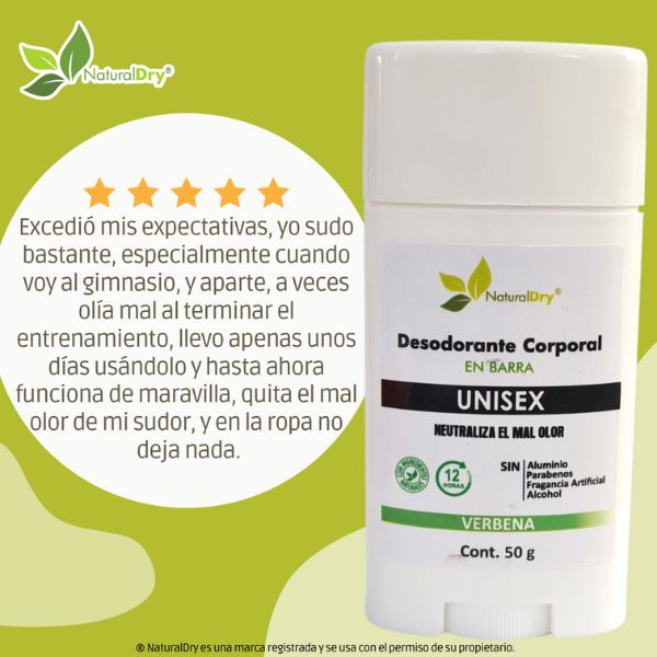 NaturalDry - 1 Desodorante corporal en barra unisex - Sin aluminio - Neutraliza el mal olor