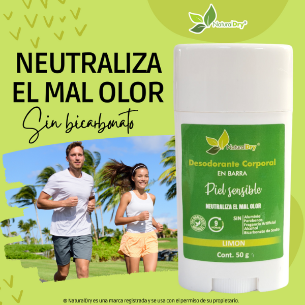 NaturalDry-1 Desodorante corporal en barra piel sensible-Sin aluminio-Neutraliza el mal olor