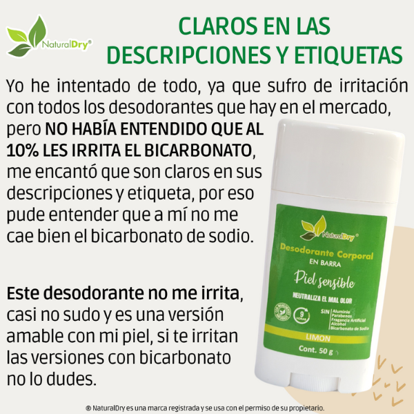 NaturalDry-1 Desodorante corporal en barra piel sensible-Sin aluminio-Neutraliza el mal olor